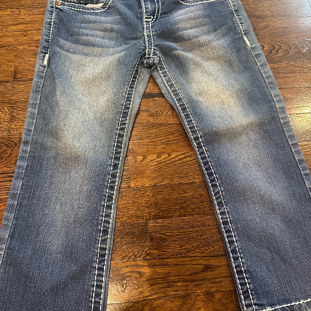 True Religion Blue Flare Wide Leg Jeans with Vintage Fading